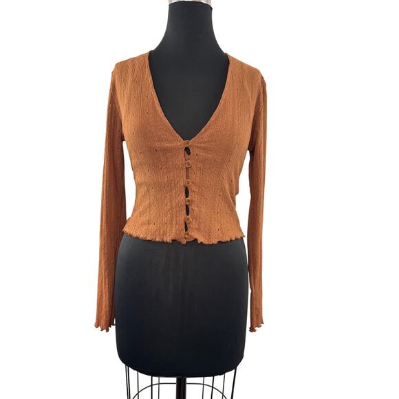 ZARA Set Brown Crop Cardigan & Top Set Eyelet V-Neck Front Button Size Small S - Picture 2 of 7